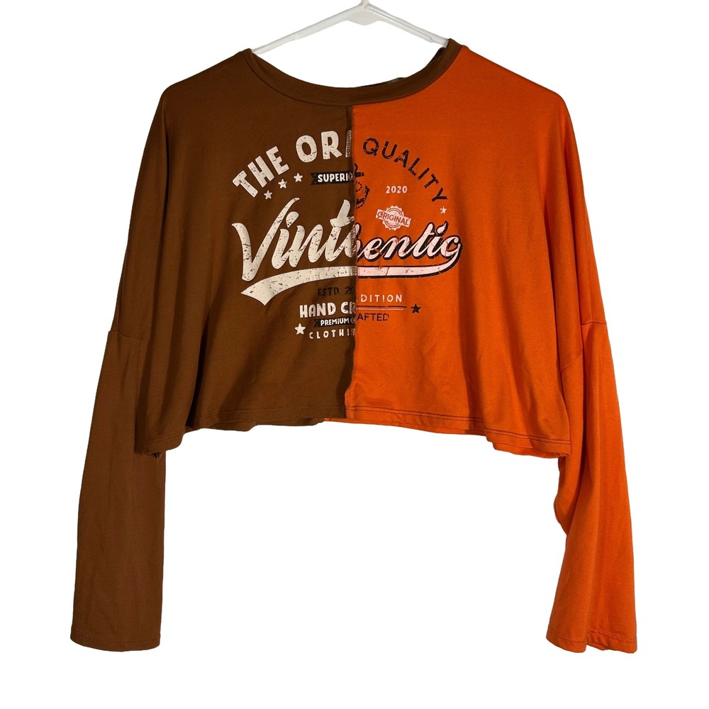 Love J Vinthentic Split Color Crop Top XL Brown Orange Graphic Long Sleeve Tee